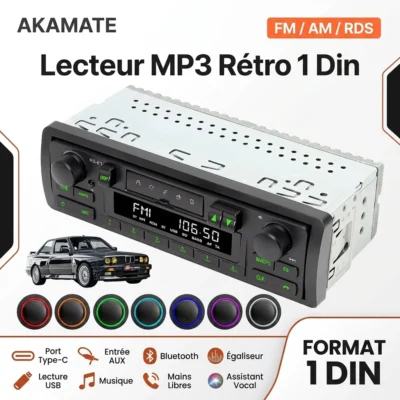 Autoradio Rétro 1 Din Bluetooth MP3 FM AM RDS - Lecteur Audio Stéréo avec Port USB et AUX